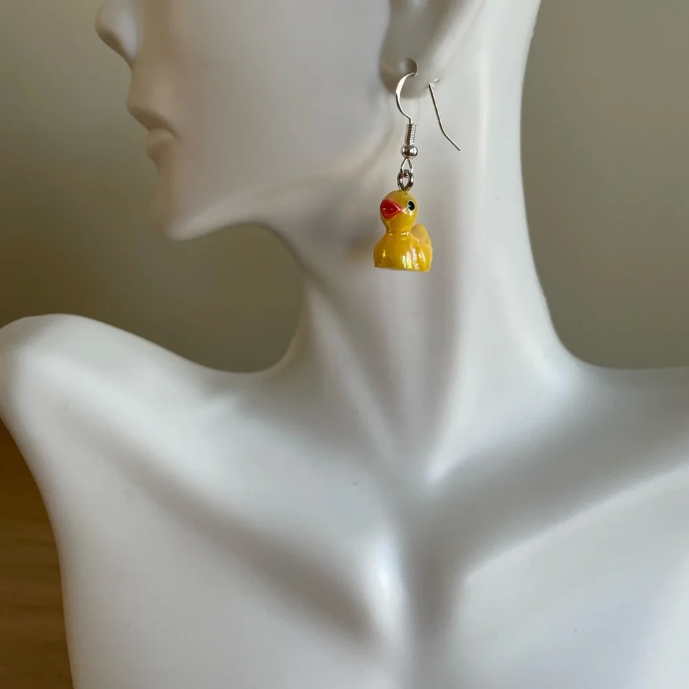 HAND CRAFTED “RUBBER DUCKY” EARRINGS Yellow Acrylic Ducks Miniature Novelty Fun
